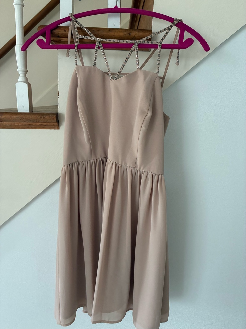 Sleeveless Spaghetti Strap Beige Party Dress